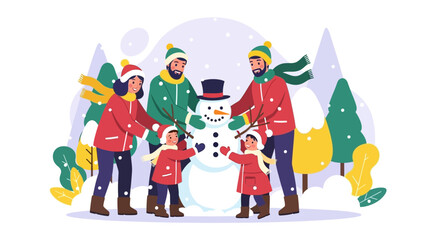 Winter Outdoor Activity: Family Making Snowman Together
