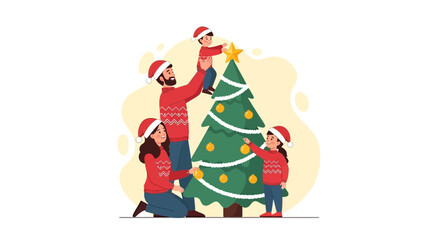 Holiday Tradition: Family Putting Star on Xmas Tree