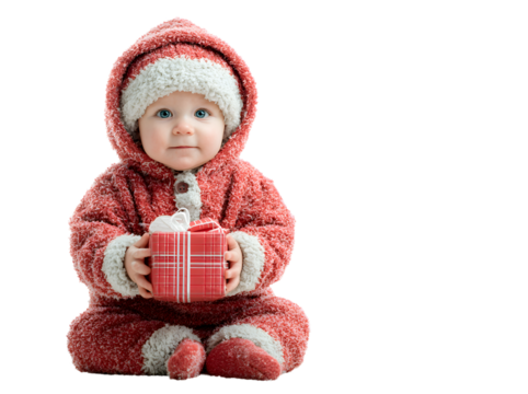 Santa Claus baby girl with gift box isolated on white background