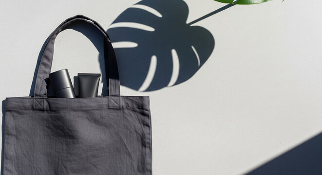 A black canvas tote bag with a monstera leaf shadow, a minimalist and chic concept for eco-friendly branding, sustainable fashion, and reusable shopping - Powered by Adobe