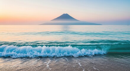 Majestic mount fuji reflected in the calm ocean waters at sunrise with gentle waves