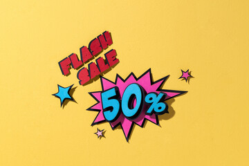 Flash sale with a 50% discount on a vibrant retro comic bubble