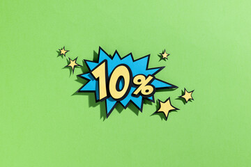 A bright pop art image of a 10% discount offer with star accents