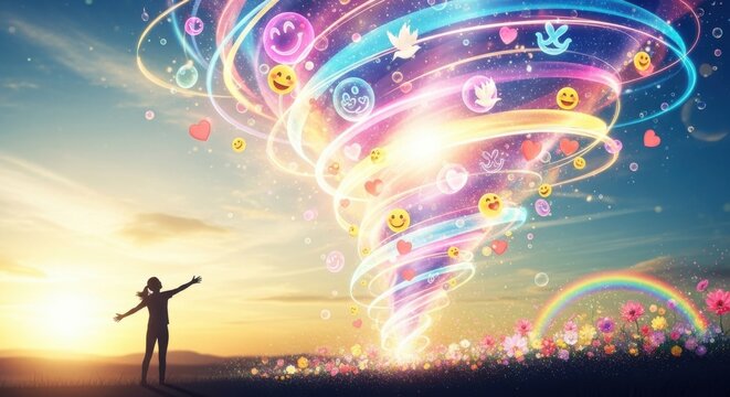 Person with arms outstretched embracing a vibrant swirling vortex of emojis and symbols in a sunset sky