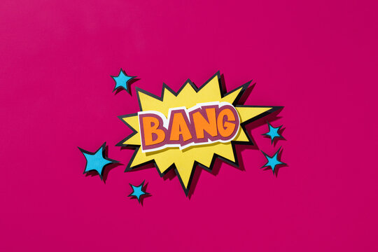 This image features a 'bang' pop art text bubble with star accents
