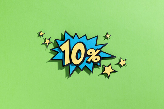 A bright pop art image of a 10% discount offer with star accents
