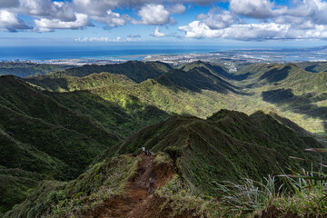 Moanalua Valley & Moanalua Ridge Trail to the Haiku Stairs (Stairway To Heaven), Honolulu, Oahu, Hawaii. Koʻolau Range / shield volcano.