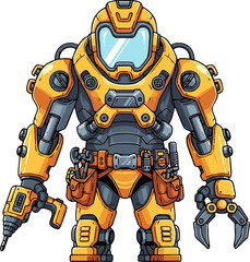Powerful Yellow Robot with Tools, Futuristic Mechanic Exoskeleton.