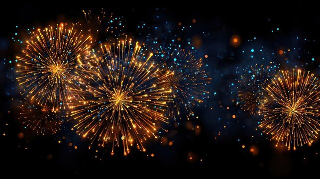 Spectacular golden orange fireworks explode in the night sky illuminating the darkness with dazzling light displays
