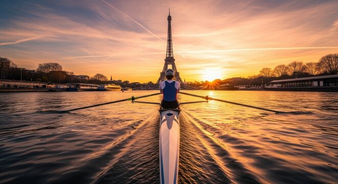 Lone rower glides across shimmering water at sunset in a single scull boat