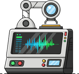 Advanced sound analysis machine with robotic arm and waveform display.