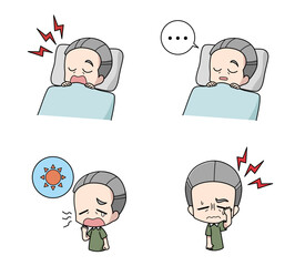 睡眠時無呼吸症候群の症状のイラストセット・高齢男性