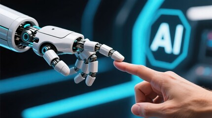 Ai interaction robotic hand touching human finger futuristic lab digital environment close-up perspective