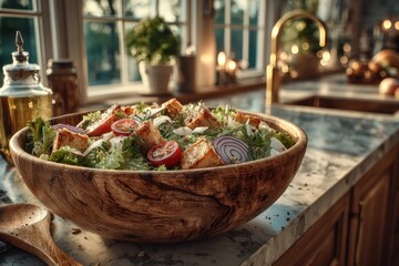 Preparing a fresh garden salad in a cozy kitchen culinary art home environment indoor viewpoint healthy eating concept