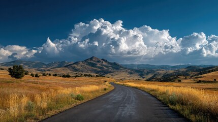 Scenic road journey through majestic mountains open fields nature photography bright sky panoramic view adventure