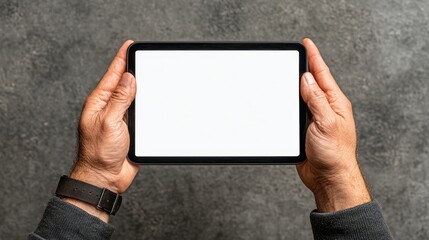 Holding a tablet with blank screen modern workspace digital device contemporary setting close-up view technology concept