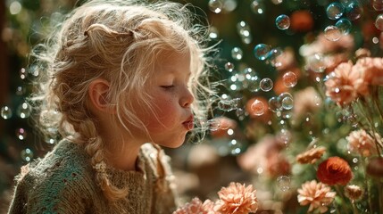 Child blowing bubbles among flowers outdoor garden photograph nature close-up joyful moment