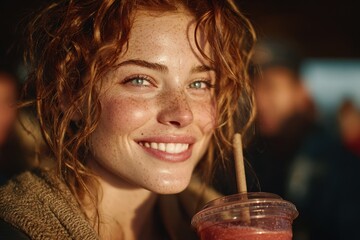 Joyful woman enjoying a refreshing drink outdoor setting lifestyle photography natural light smiling expression