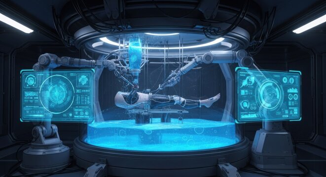 Futuristic medical pod with robotic arms and holographic displays for healing and regeneration