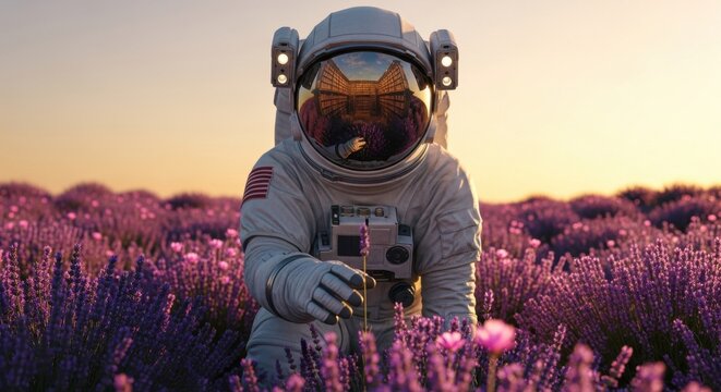 Astronaut standing in a field of purple flowers at sunset with a warm glow - Powered by Adobe