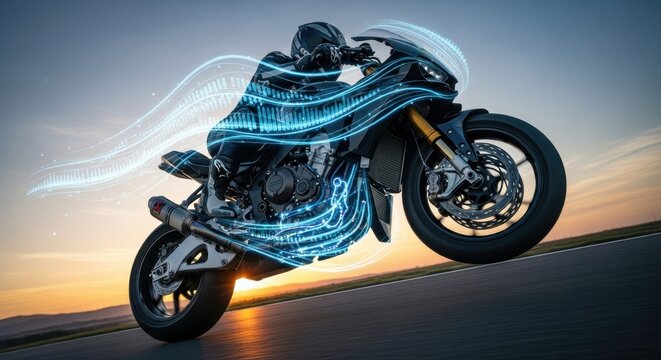 Futuristic motorcycle with glowing blue digital energy streaks at sunset