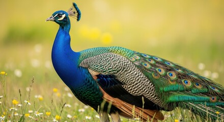 Naklejka premium Male peacock standing in a sun-drenched meadow profile. Photorealistic peacock with folded tail feathers in a field. Regal peacock in a golden hour landscape.