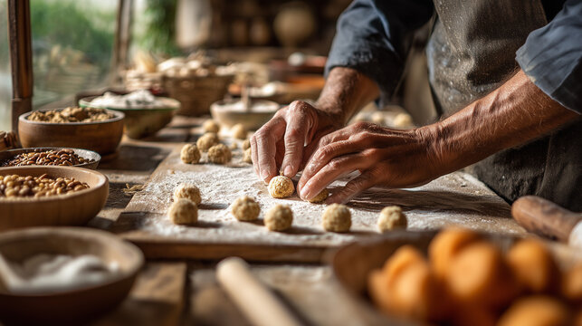 Artisan baker's hands lovingly preparing traditional panellets in a rustic kitchen for the La Castanyada festival in Catalonia, Spain