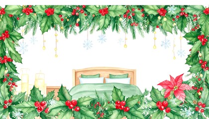Watercolor Christmas bedroom scene