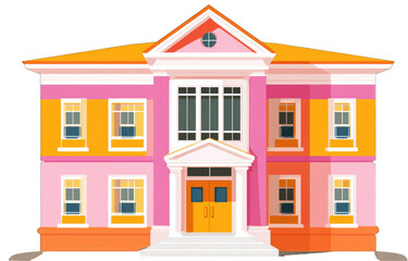 Colorful, stylized illustration of a large, two-toned house with classic architecture