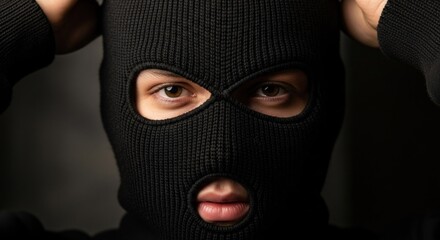 A man wearing a black balaclava, with his hands raised to his head, against a dark background.