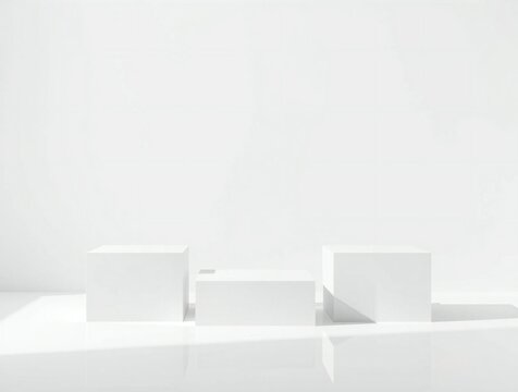 Minimalist white geometric pedestals on a bright white surface with soft shadows