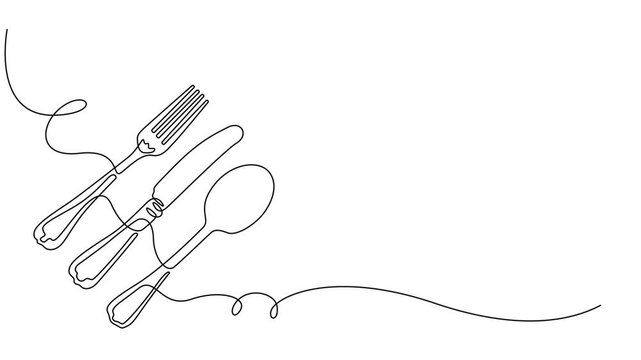 Video. Fork, knife and spoons. Continuous single line cutlery pattern for logos, business cards, banners. Animation on white background. 4K. Animated self drawing of continuous line draw of fork.