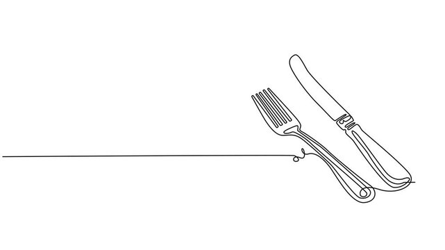 Video. Fork, knife and spoons. Continuous single line cutlery pattern for logos, business cards, banners. Animation on white background. 4K. Animated self drawing of continuous line draw of fork.