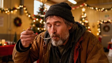 A homeless man enjoys a warm meal at a community shelter filled with holiday decorations