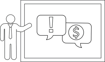 Line art depicts a person presenting a board with speech bubbles containing an exclamation point and a dollar sign