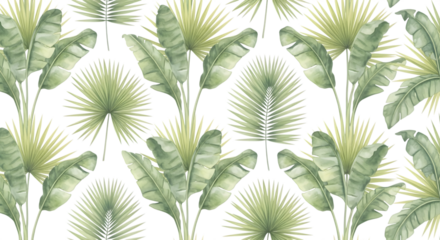 Seamless pattern of green tropical palm leaves and fan palm leaves on a transparent background