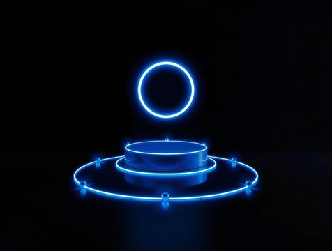 Futuristic neon blue circle and platform on black background