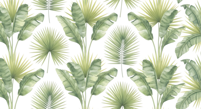 Seamless pattern of green tropical palm leaves and fan palm leaves on a transparent background