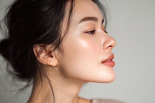 Profile view highlights smooth skin texture and natural facial contours of an adult woman