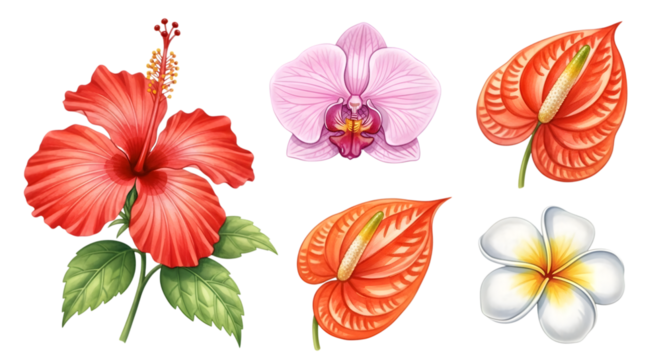 Collection of vibrant tropical flowers including hibiscus, orchid, anthurium, and plumeria isolated on transparent background