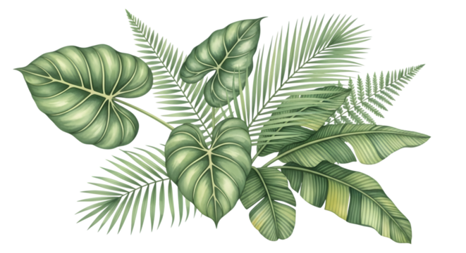 Watercolor illustration of a lush tropical plant arrangement with various green leaves, isolated on transparent background