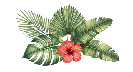 Tropical floral arrangement with vibrant hibiscus flower and lush green palm leaves, isolated on transparent background