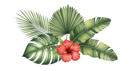 Tropical floral arrangement with vibrant hibiscus flower and lush green palm leaves, isolated on transparent background