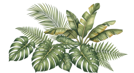 Watercolor illustration of tropical palm leaves and monstera plant isolated on transparent background