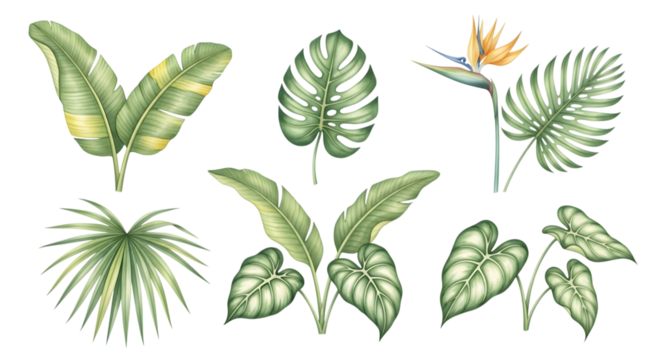 Watercolor illustration of various tropical leaves and a bird of paradise flower isolated on transparent background