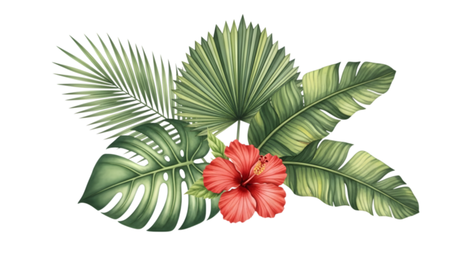 Tropical floral arrangement with vibrant hibiscus flower and lush green palm leaves, isolated on transparent background - Powered by Adobe