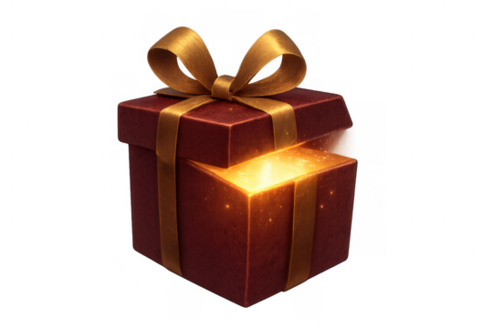 Gift box opening with golden light and glitter, revealing surprise, magic, and celebration on transparent background
