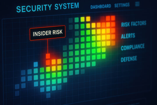 Tense corporate security system interface monitoring for insider risk on heat map matrix. bright flagged node shows threat on digital dashboard for compliance and defense