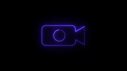 Glowing neon purple video camera icon with a lens on a dark black background representing digital media and filmmaking