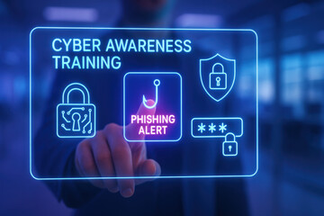 Focused user in futuristic cyber awareness training tapping glowing hologram. person interacts with phishing alert icon on digital panel for internet security